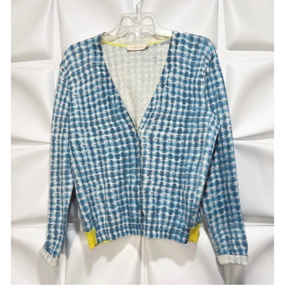Tory Burch Womens Sz M Blue ikat Tie Dye V Neck Ribbed Sweater Cardigan - Picture 1 of 6